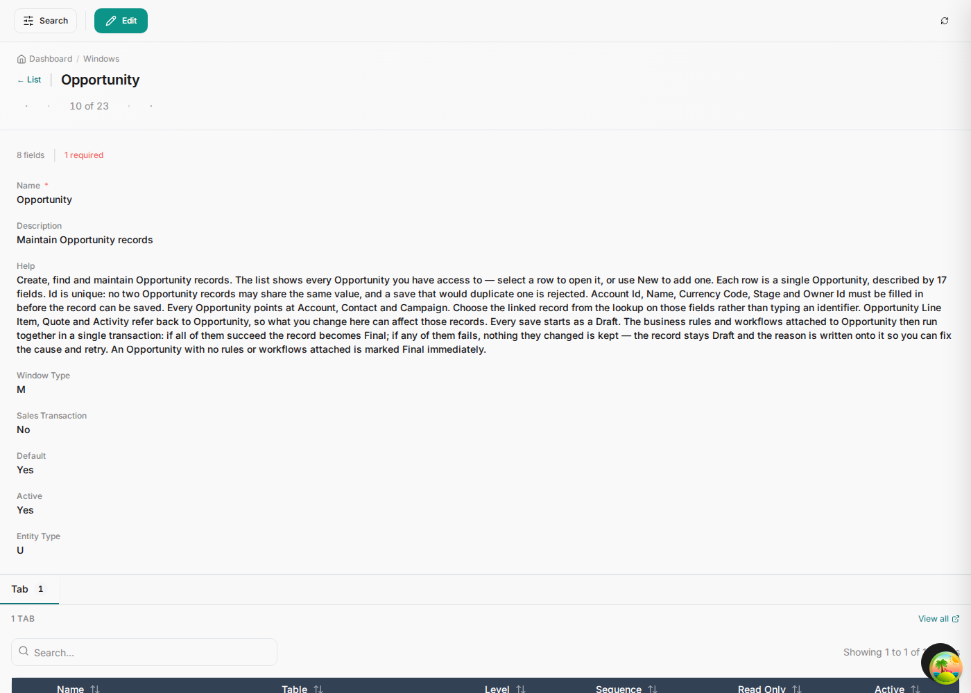The Opportunity window detail with its generated help text and a Tab child panel.