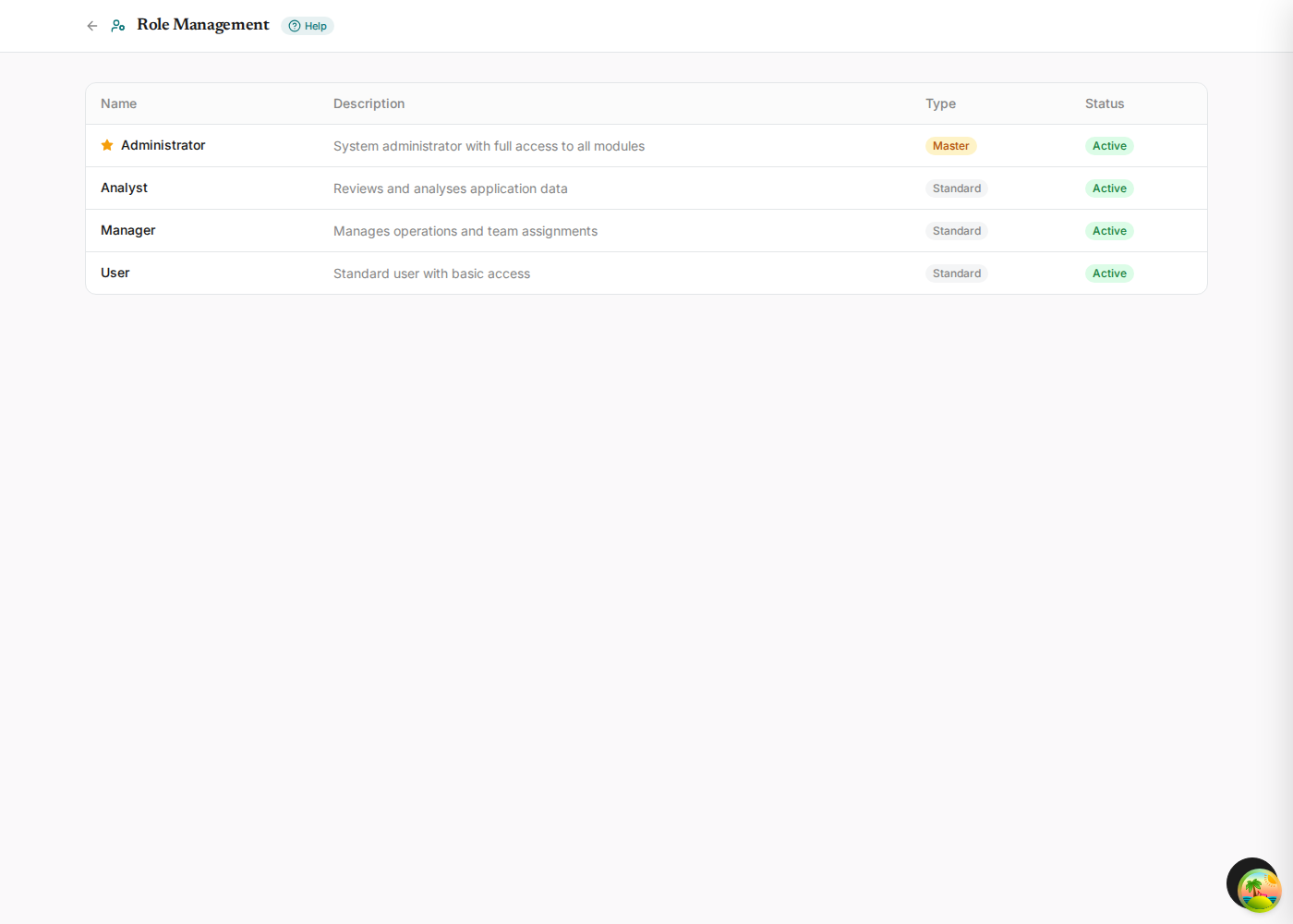 The Role Management screen listing Administrator as a master role and Analyst, Manager and User as standard roles, each active with a description.