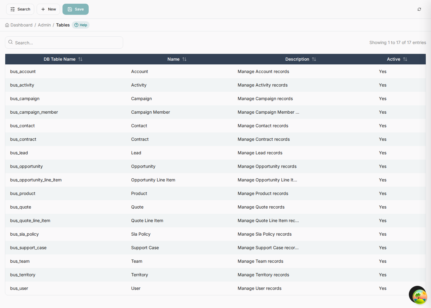 The Table and Column screen listing the generated tables.